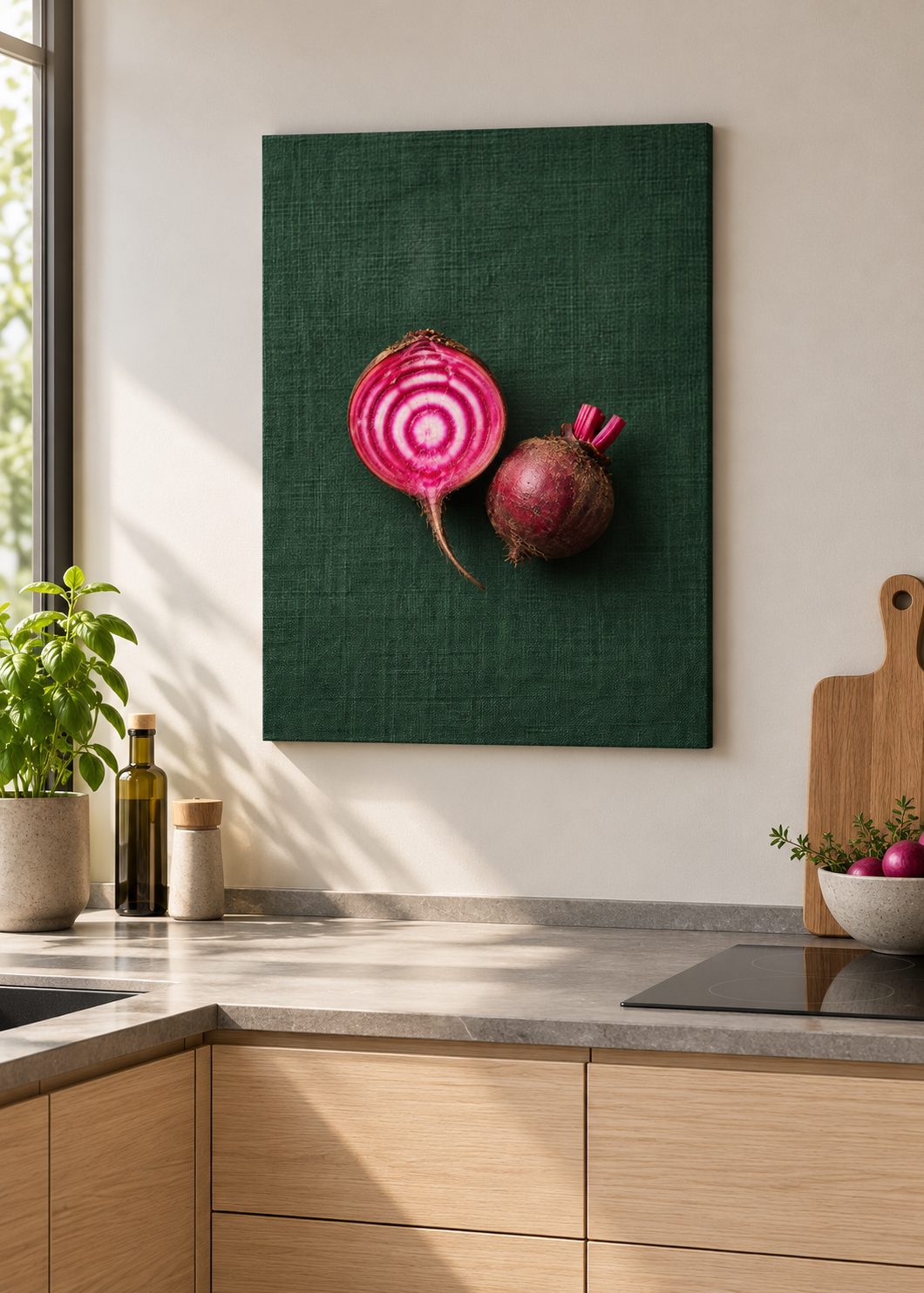 Chioggia-Rübe – matte rahmenlose Slim-Leinwand ohne Glas in moderner Küche