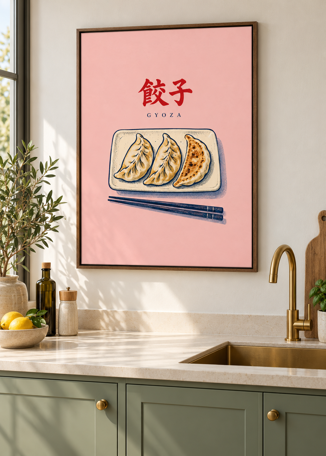 Gyoza – matte Leinwand mit braunem Schattenfugenrahmen ohne Glas in moderner Küche
