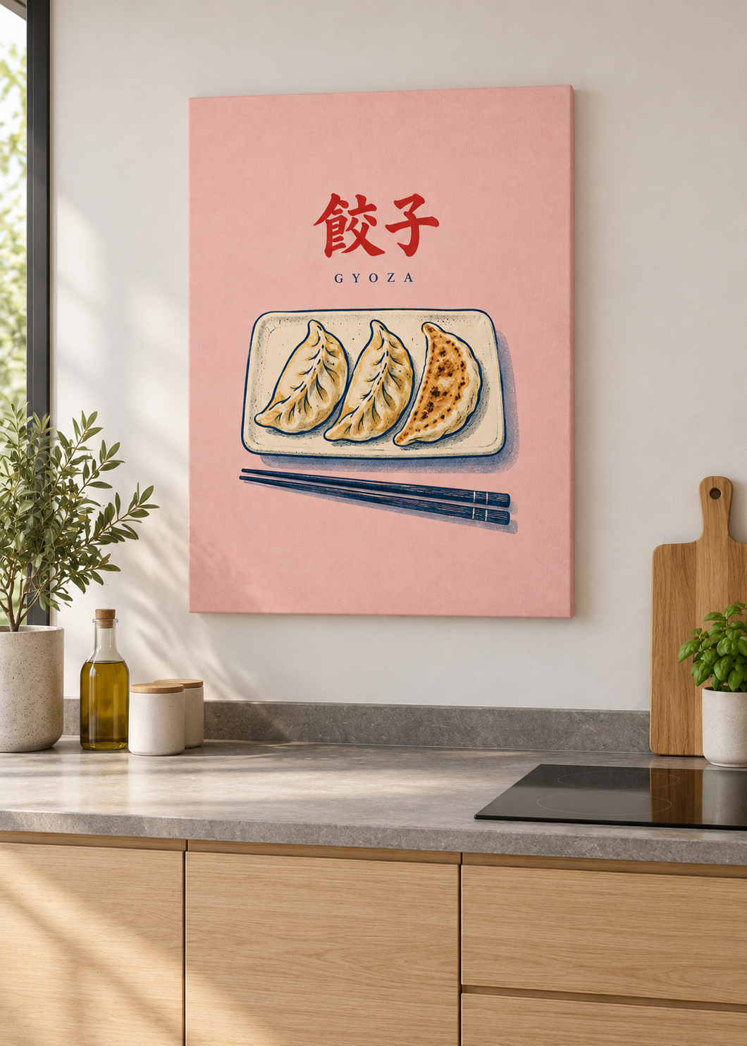 Gyoza – matte rahmenlose Slim-Leinwand ohne Glas in moderner Küche