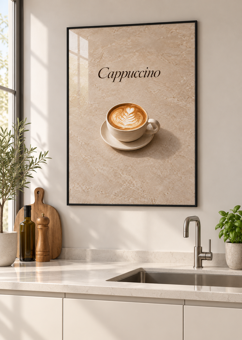 Cappuccino – Poster mit dünnem schwarzem Rahmen und Glas in moderner Küche