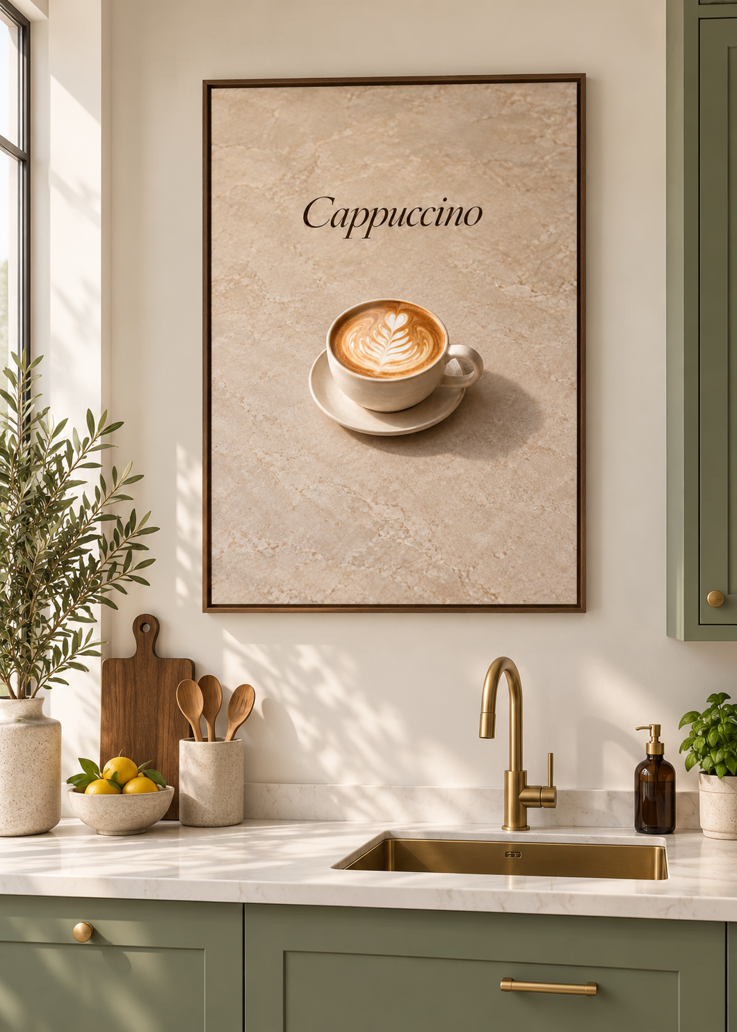 Cappuccino – matte Leinwand mit braunem Schattenfugenrahmen ohne Glas in moderner Küche