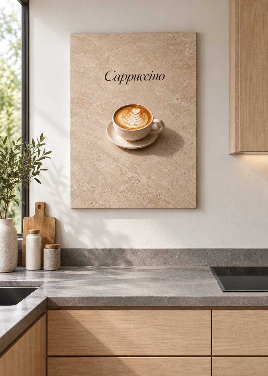 Cappuccino – matte rahmenlose Slim-Leinwand ohne Glas in moderner Küche