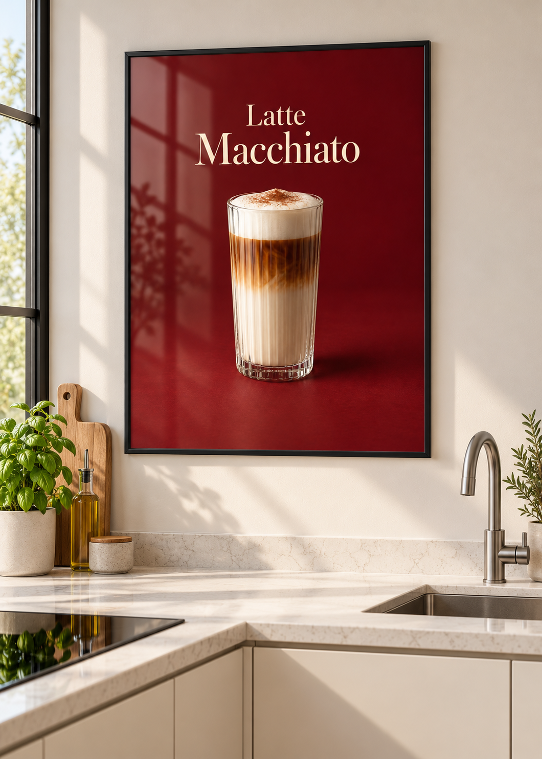 Latte Macchiato – Poster mit dünnem schwarzem Rahmen und Glas in moderner Küche