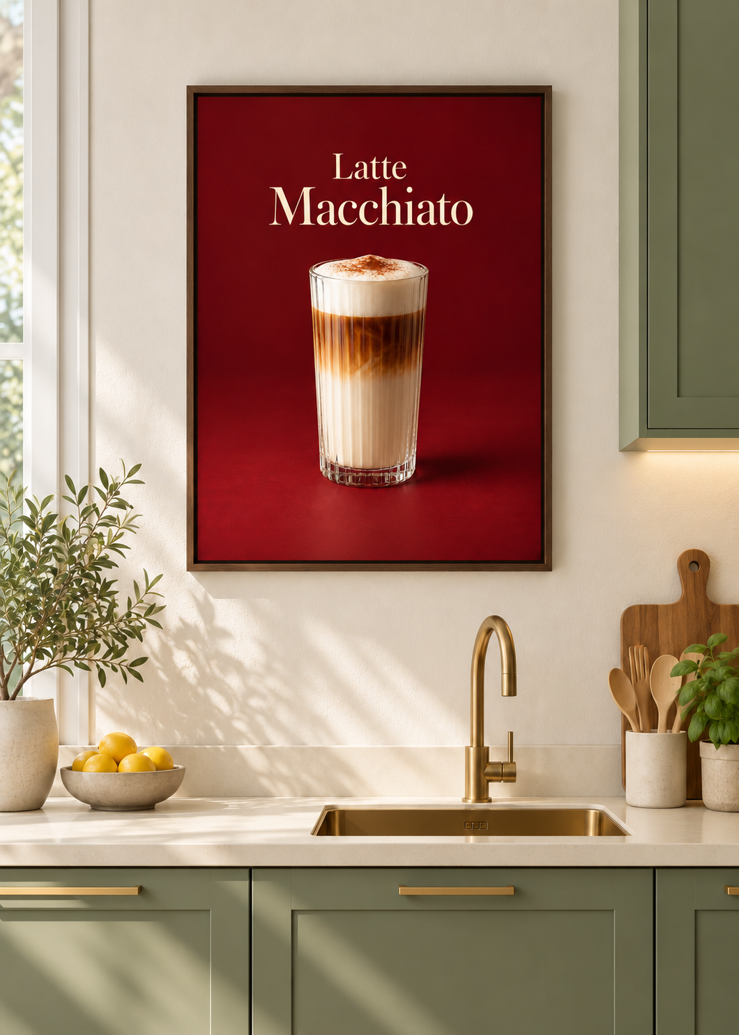 Latte Macchiato – matte Leinwand mit braunem Schattenfugenrahmen ohne Glas in moderner Küche