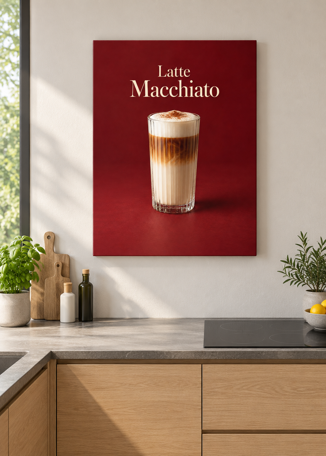 Latte Macchiato – matte rahmenlose Slim-Leinwand ohne Glas in moderner Küche