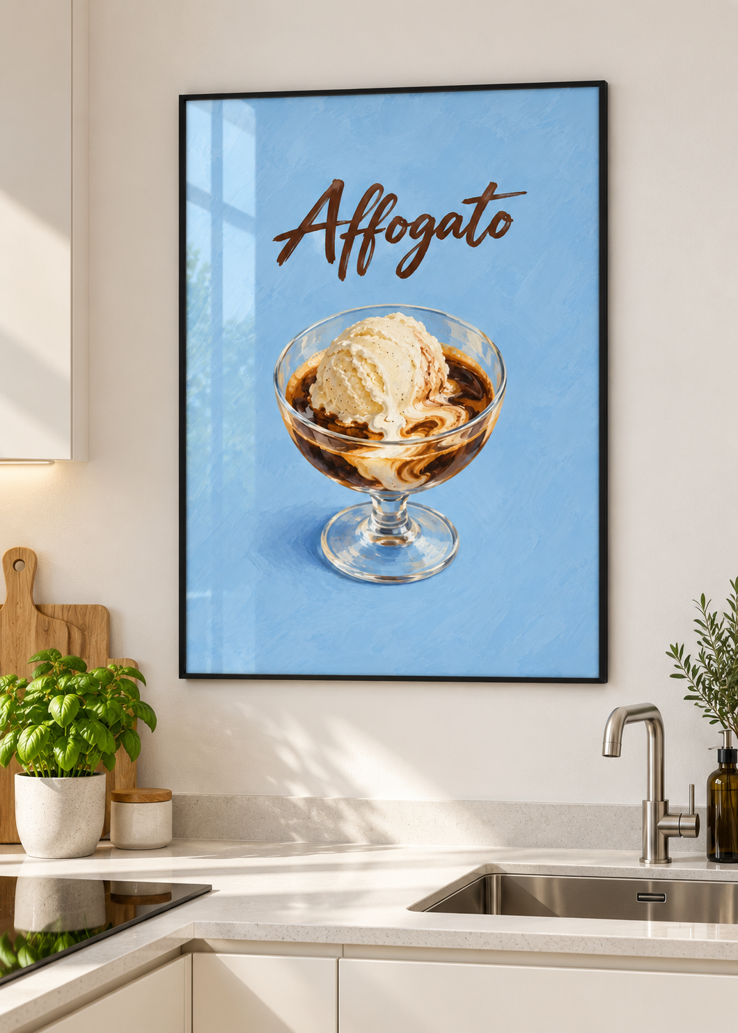 Affogato – Poster mit dünnem schwarzem Rahmen und Glas in moderner Küche