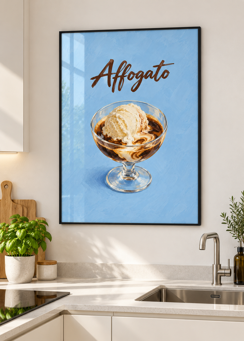 Affogato – Poster mit dünnem schwarzem Rahmen und Glas in moderner Küche