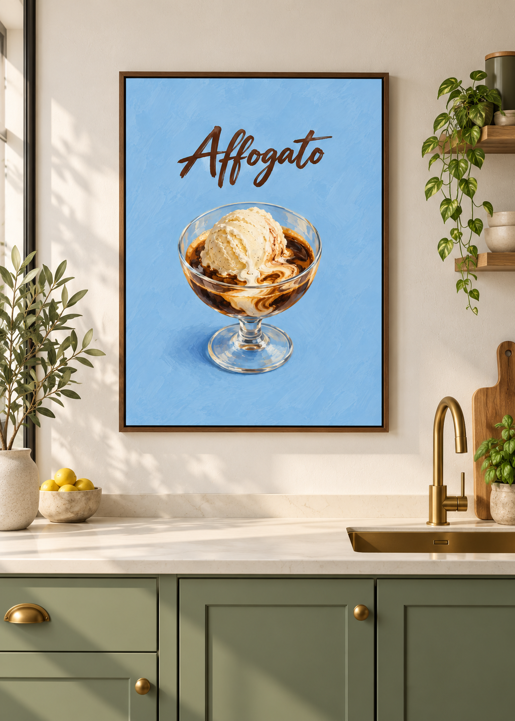 Affogato – matte Leinwand mit braunem Schattenfugenrahmen ohne Glas in moderner Küche