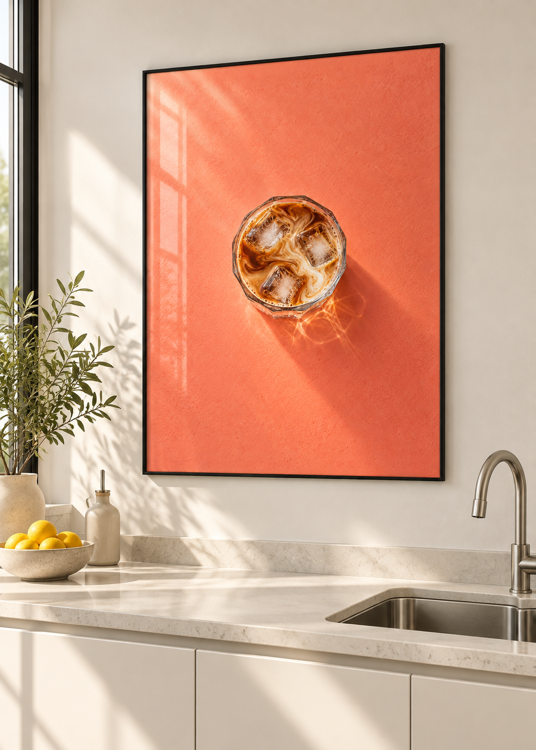 Iced Latte – Poster mit dünnem schwarzem Rahmen und Glas in moderner Küche