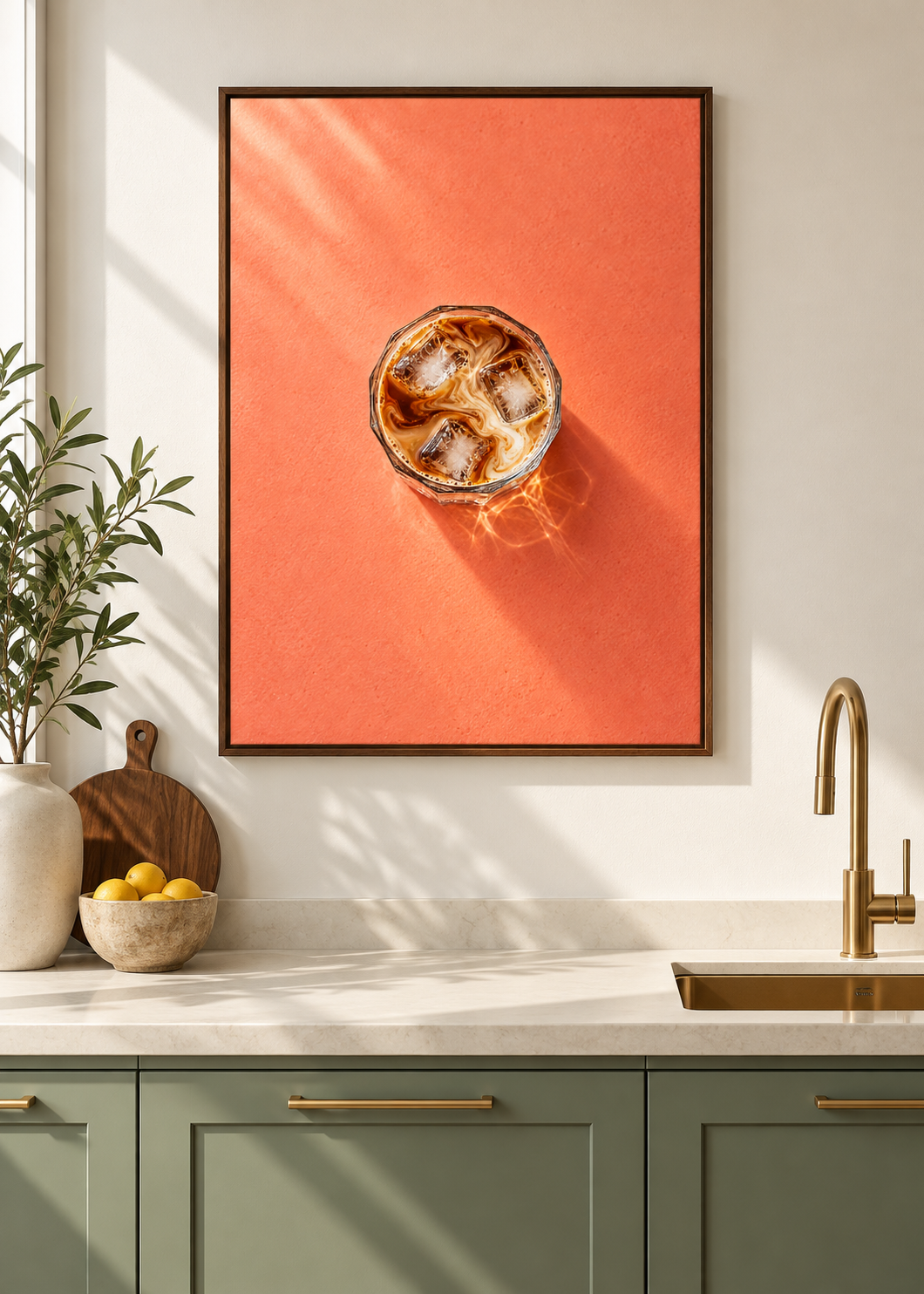 Iced Latte – matte Leinwand mit braunem Schattenfugenrahmen ohne Glas in moderner Küche