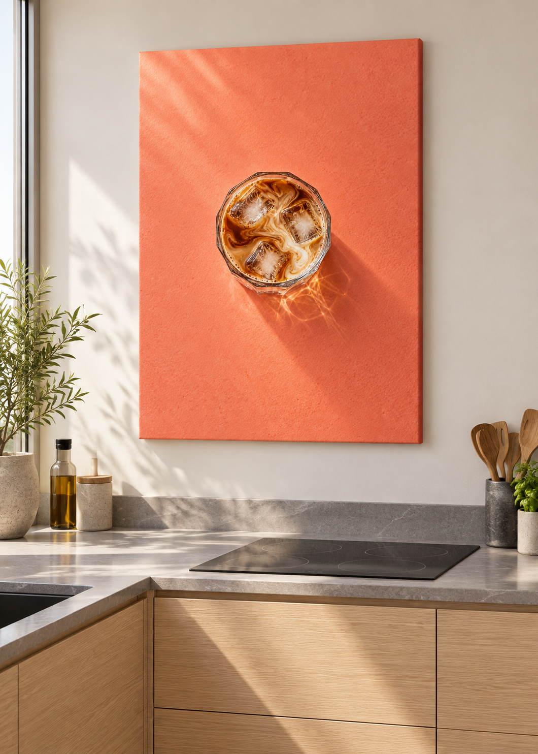 Iced Latte – matte rahmenlose Slim-Leinwand ohne Glas in moderner Küche