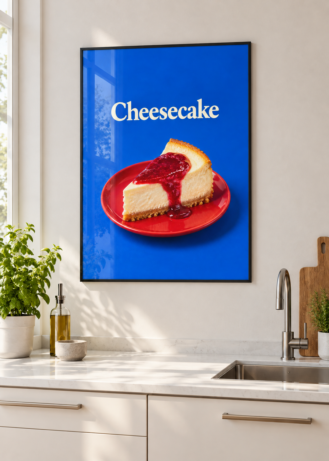 Cheesecake – Poster mit dünnem schwarzem Rahmen und Glas in moderner Küche