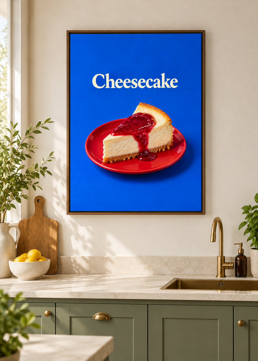 Cheesecake – matte Leinwand mit braunem Schattenfugenrahmen ohne Glas in moderner Küche