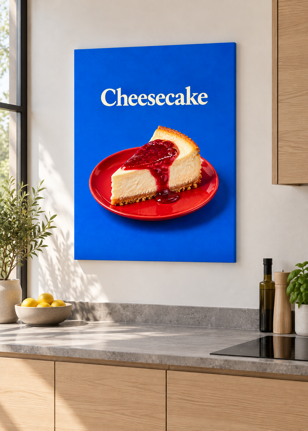 Cheesecake – matte rahmenlose Slim-Leinwand ohne Glas in moderner Küche