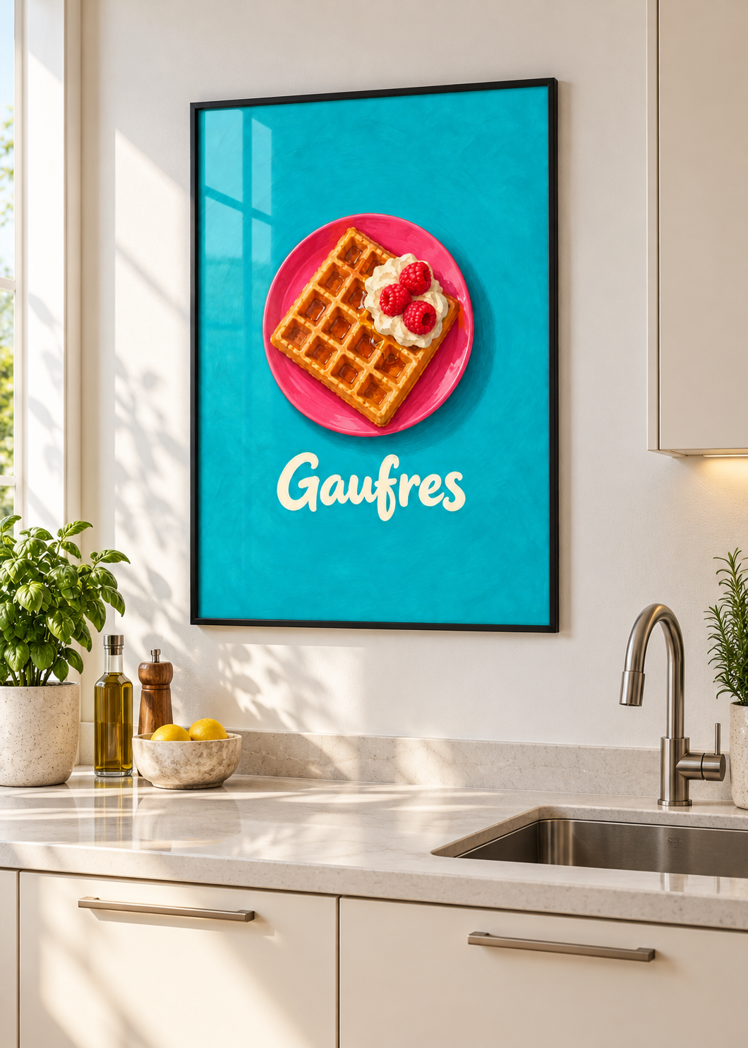 Gaufres – Poster mit dünnem schwarzem Rahmen und Glas in moderner Küche