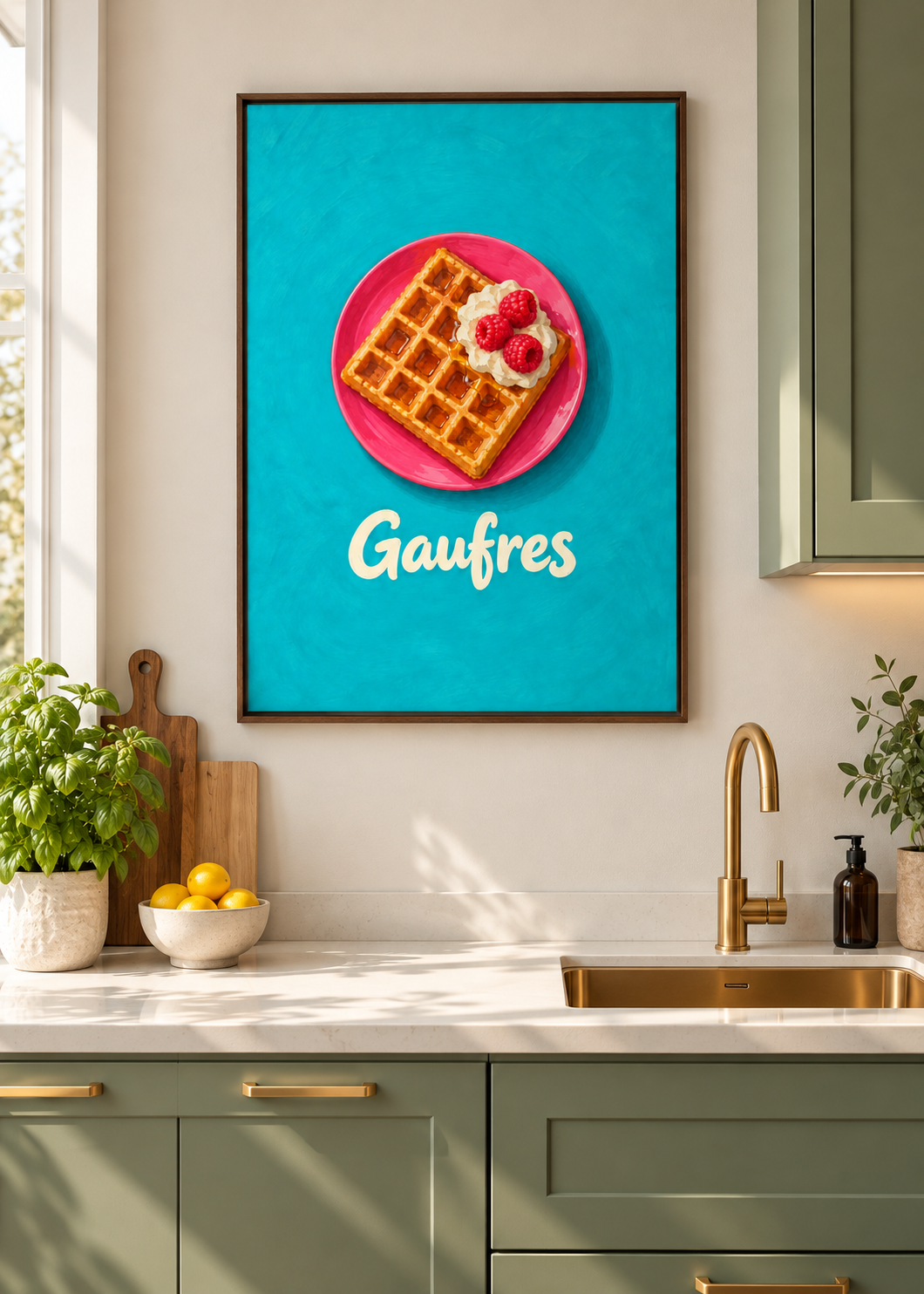 Gaufres – matte Leinwand mit braunem Schattenfugenrahmen ohne Glas in moderner Küche