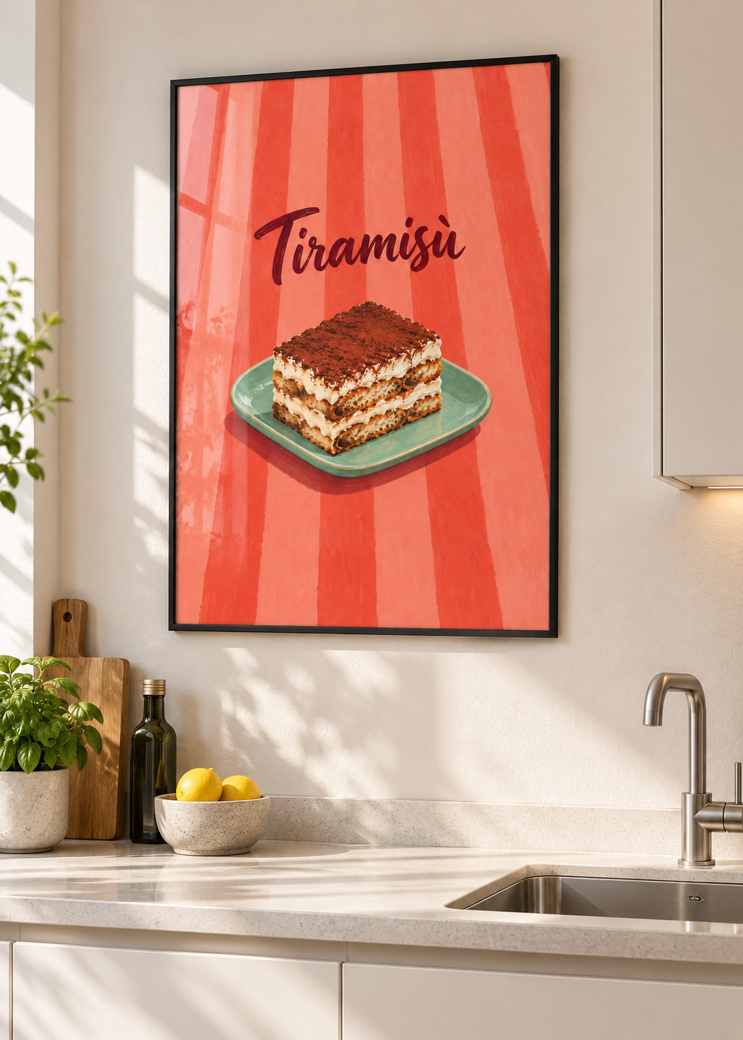 Tiramisù – Poster mit dünnem schwarzem Rahmen und Glas in moderner Küche