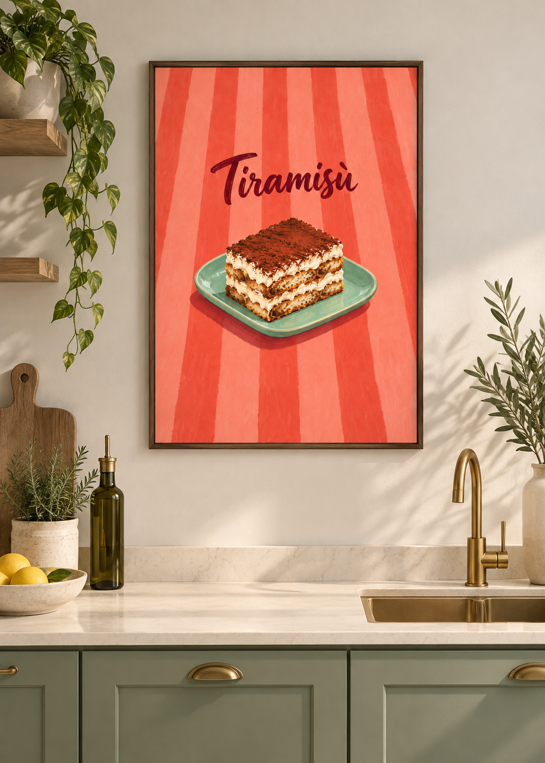 Tiramisù – matte Leinwand mit braunem Schattenfugenrahmen ohne Glas in moderner Küche