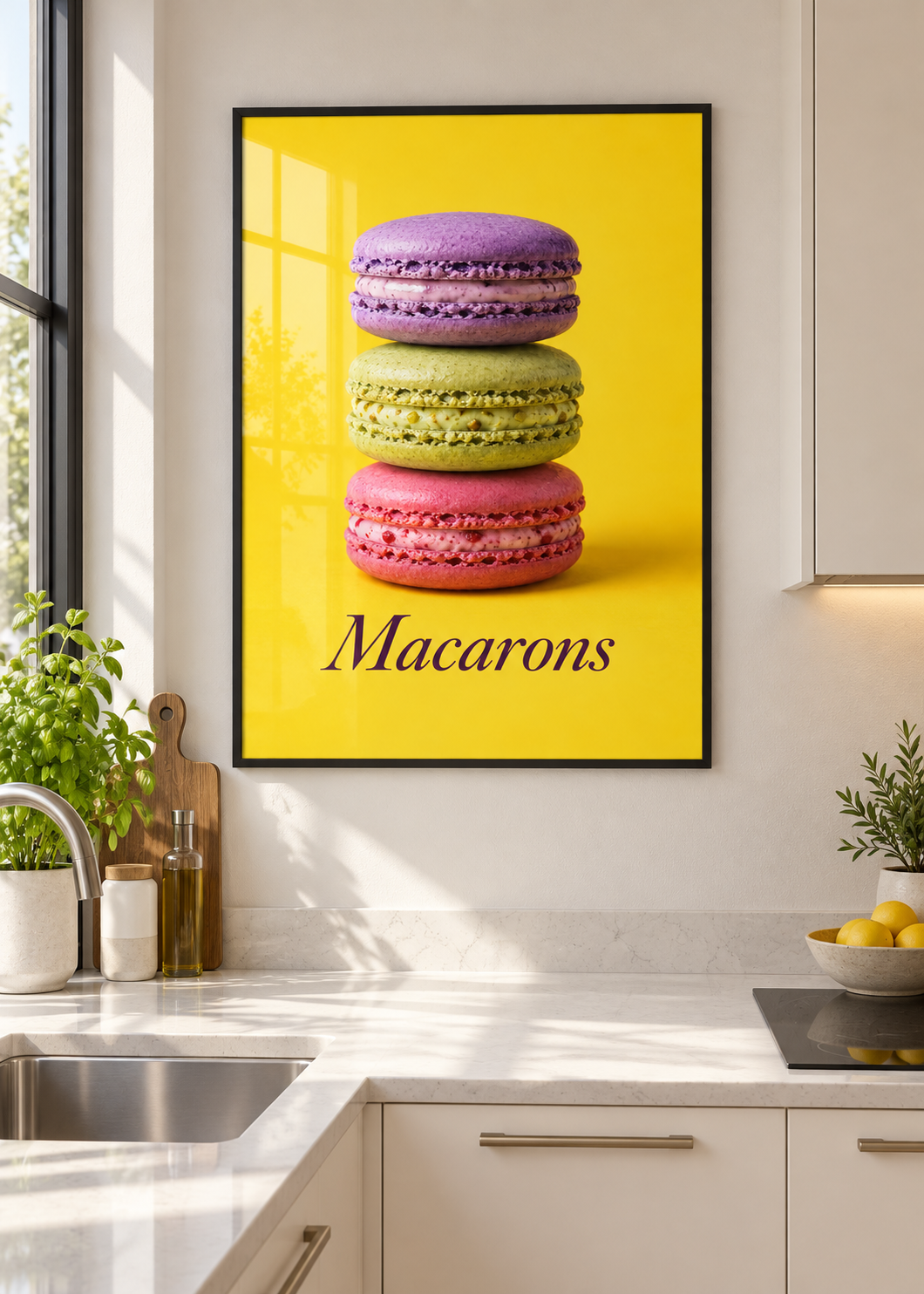 Macarons – Poster mit dünnem schwarzem Rahmen und Glas in moderner Küche