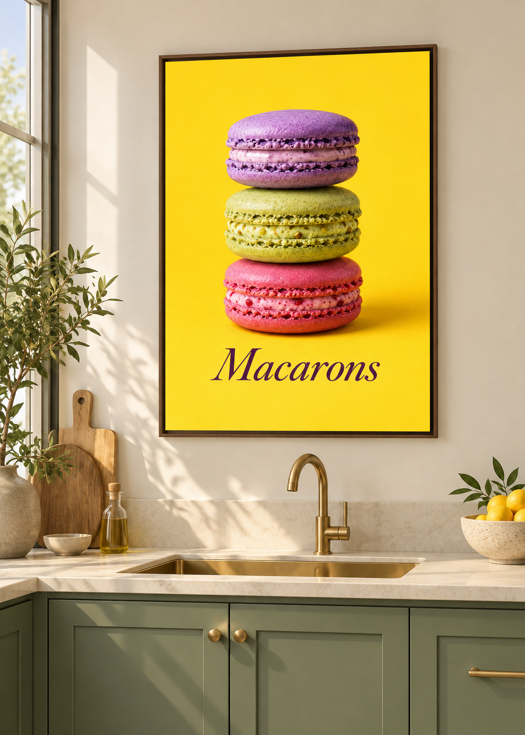 Macarons – matte Leinwand mit braunem Schattenfugenrahmen ohne Glas in moderner Küche