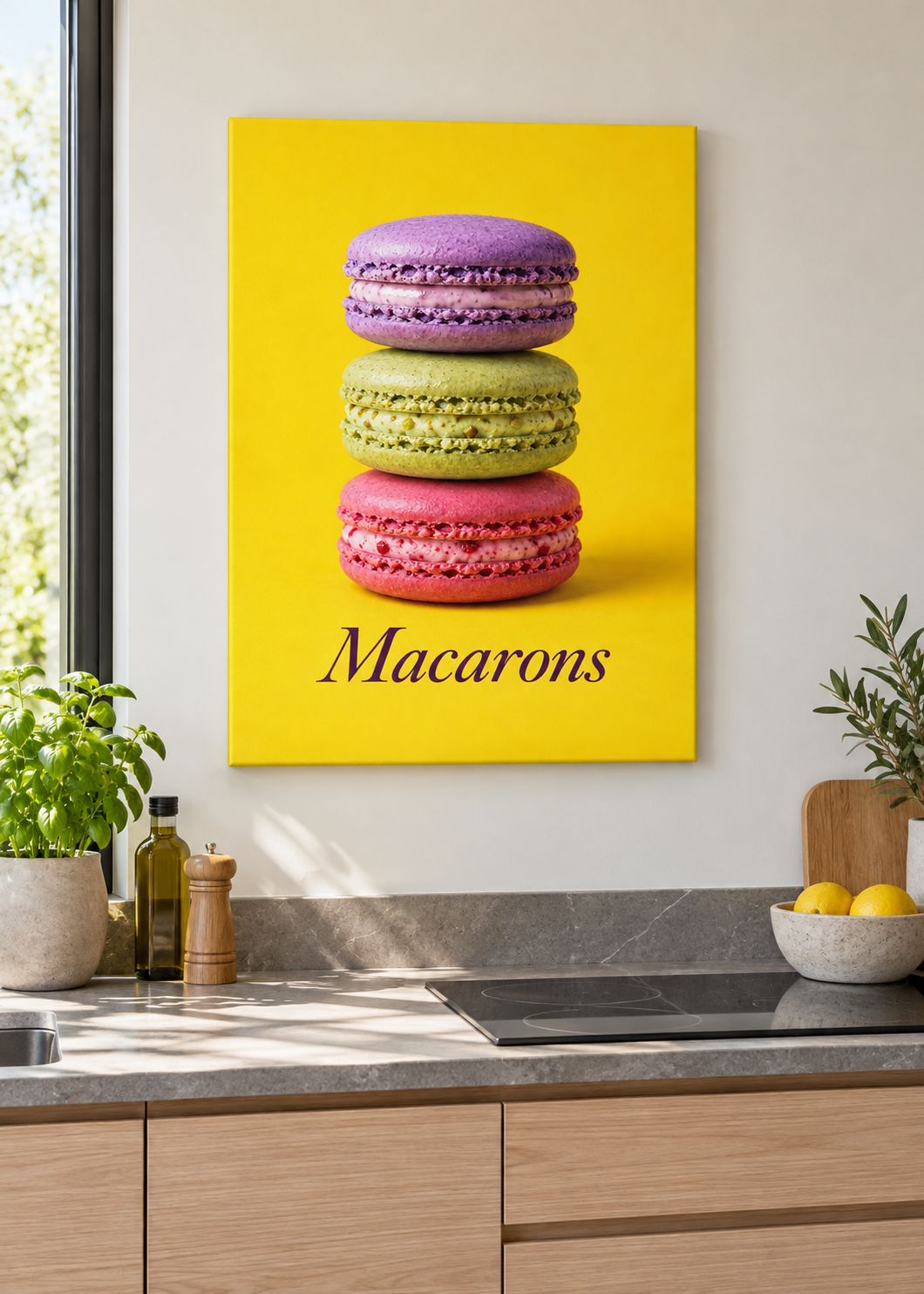 Macarons – matte rahmenlose Slim-Leinwand ohne Glas in moderner Küche