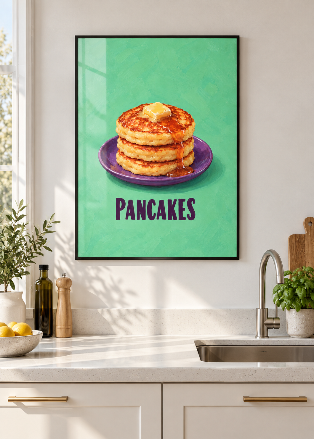 Pancakes – Poster mit dünnem schwarzem Rahmen und Glas in moderner Küche