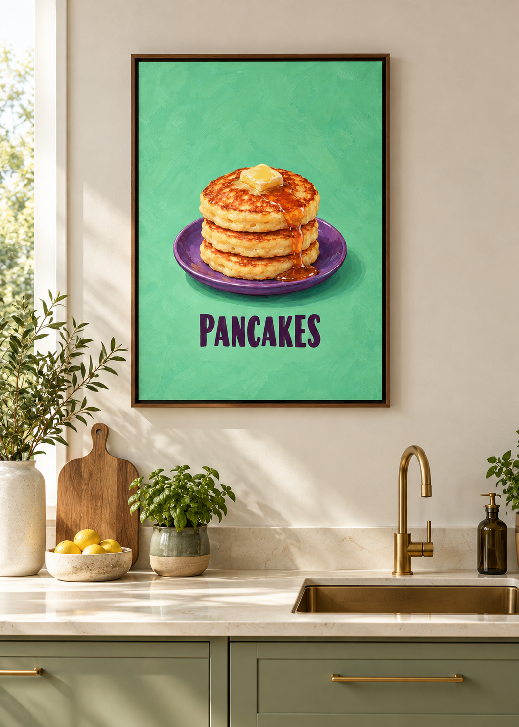 Pancakes – matte Leinwand mit braunem Schattenfugenrahmen ohne Glas in moderner Küche