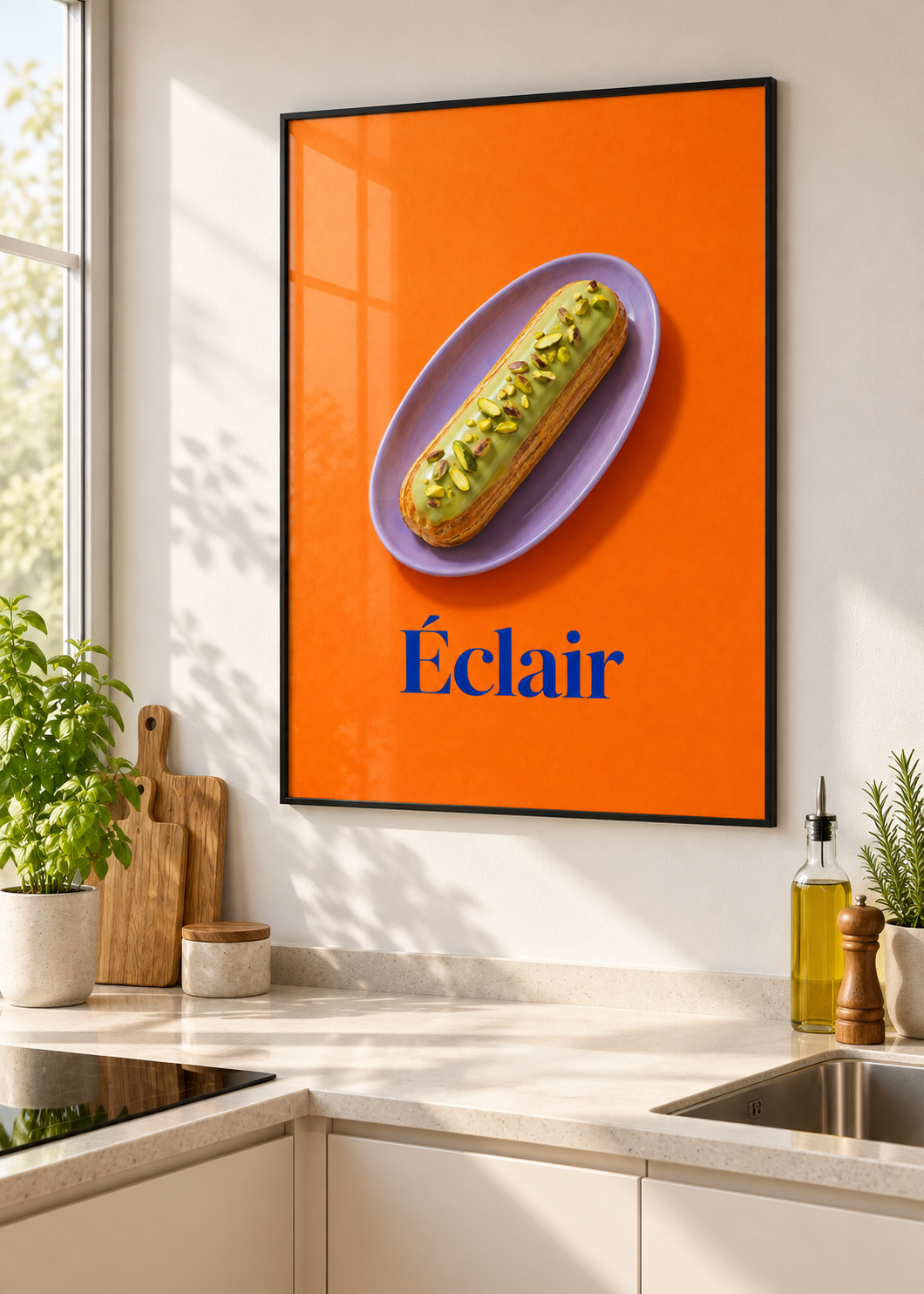 Éclair – Poster mit dünnem schwarzem Rahmen und Glas in moderner Küche
