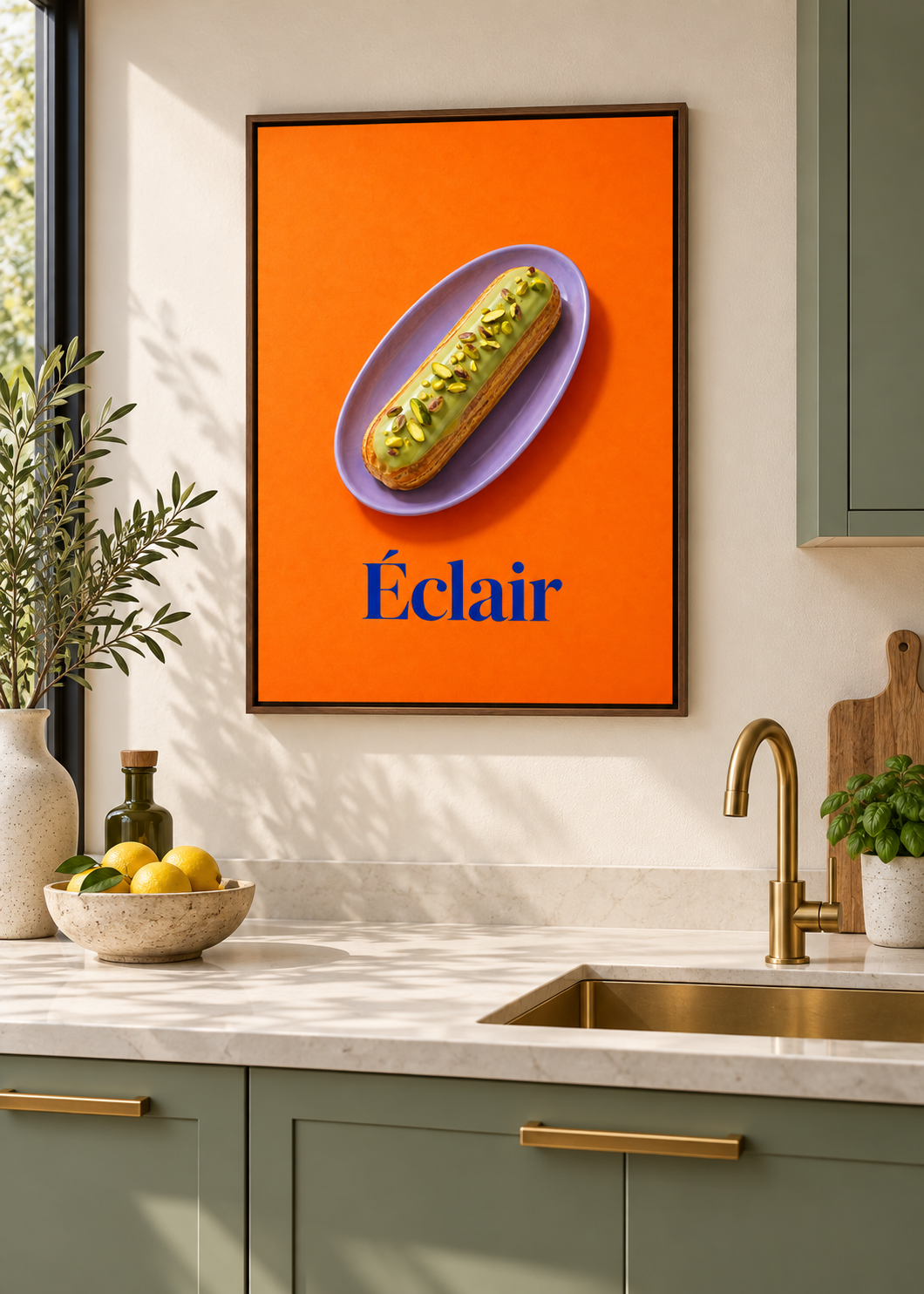 Éclair – matte Leinwand mit braunem Schattenfugenrahmen ohne Glas in moderner Küche