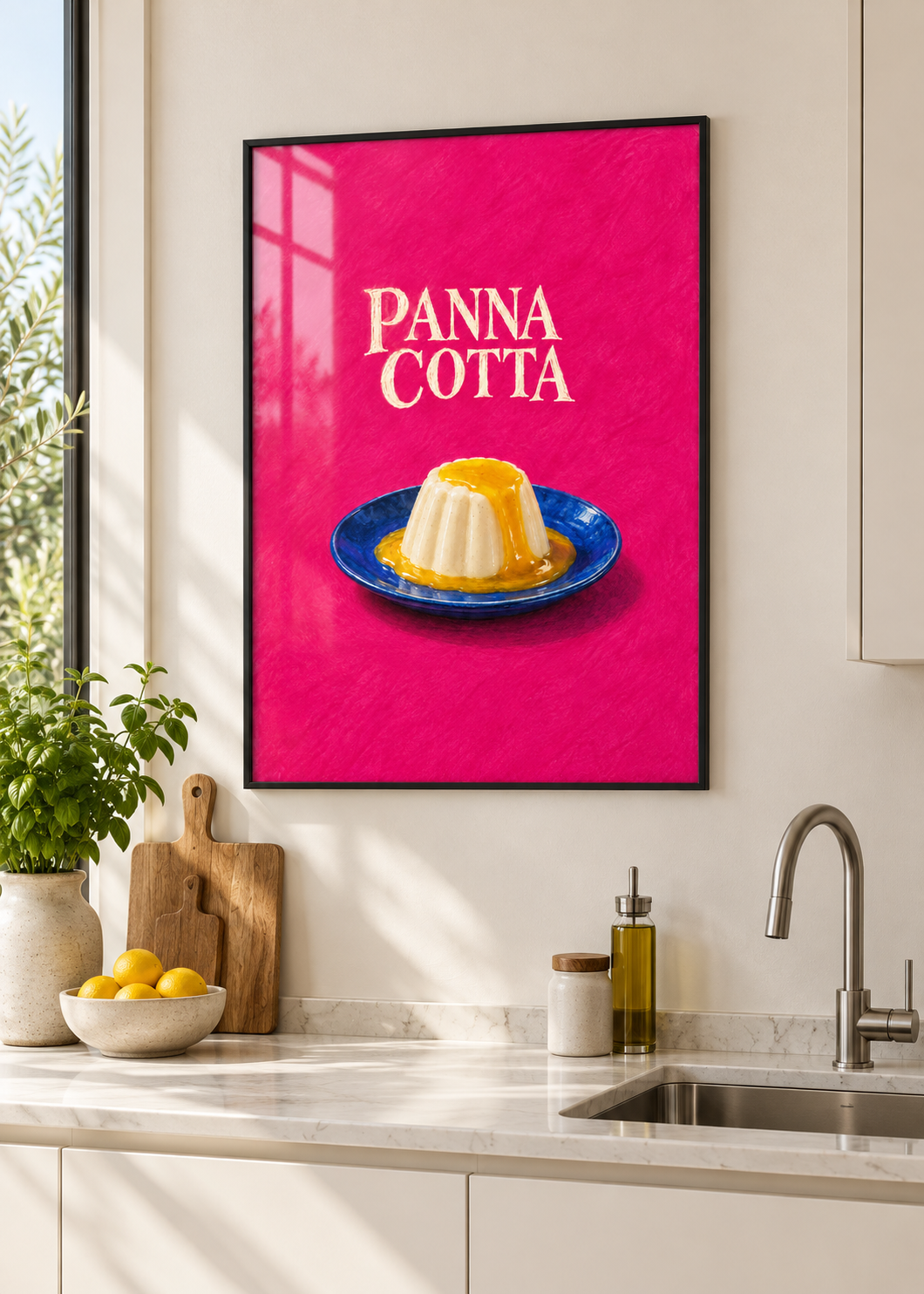 Panna Cotta – Poster mit dünnem schwarzem Rahmen und Glas in moderner Küche