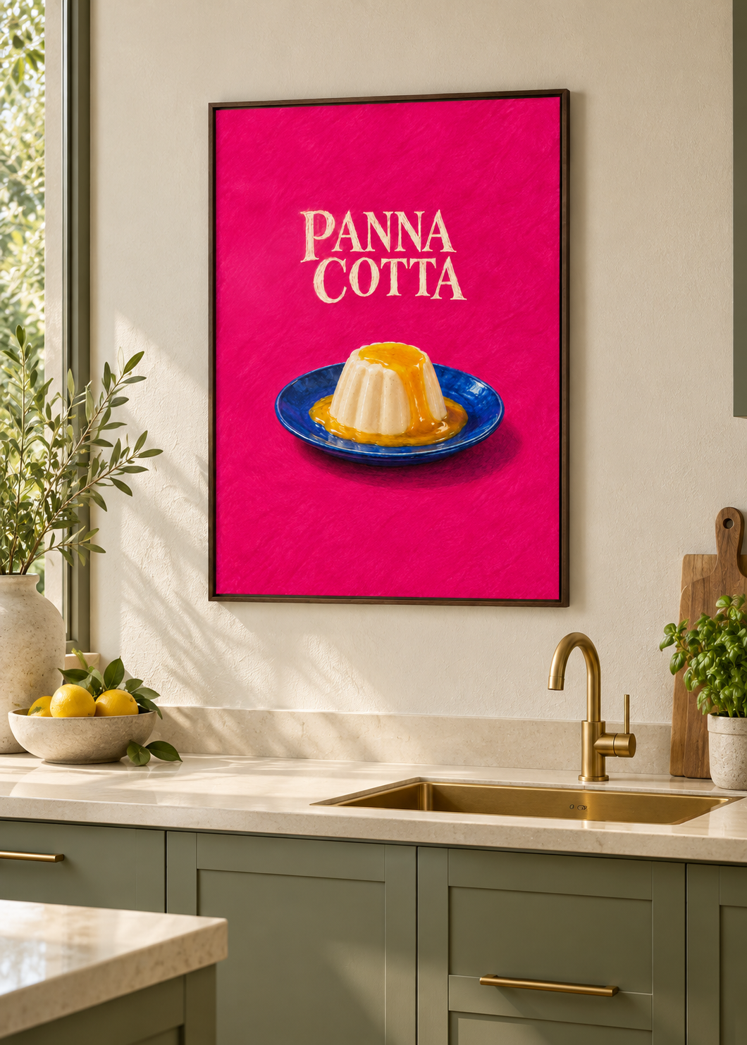 Panna Cotta – matte Leinwand mit braunem Schattenfugenrahmen ohne Glas in moderner Küche