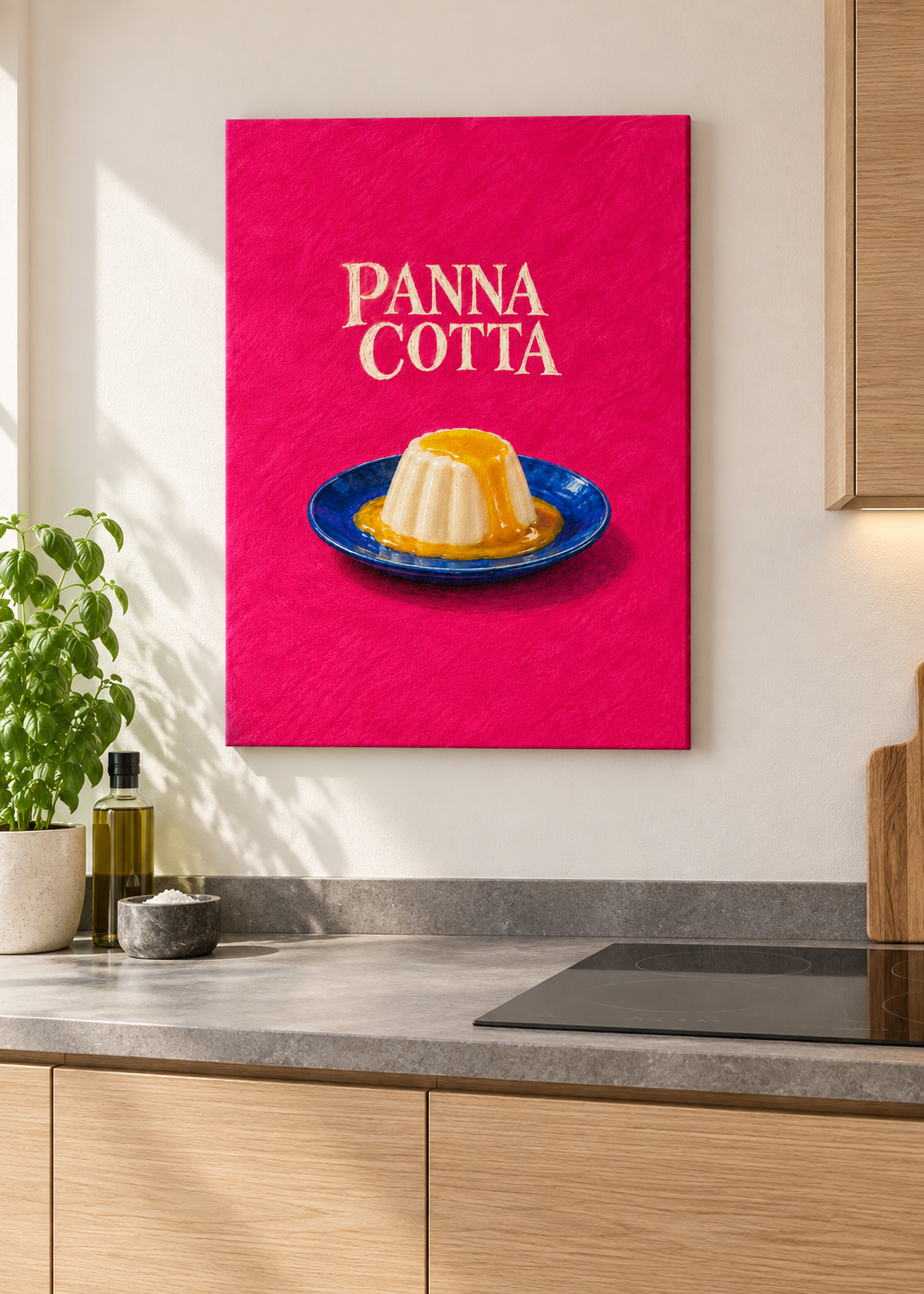 Panna Cotta – matte rahmenlose Slim-Leinwand ohne Glas in moderner Küche