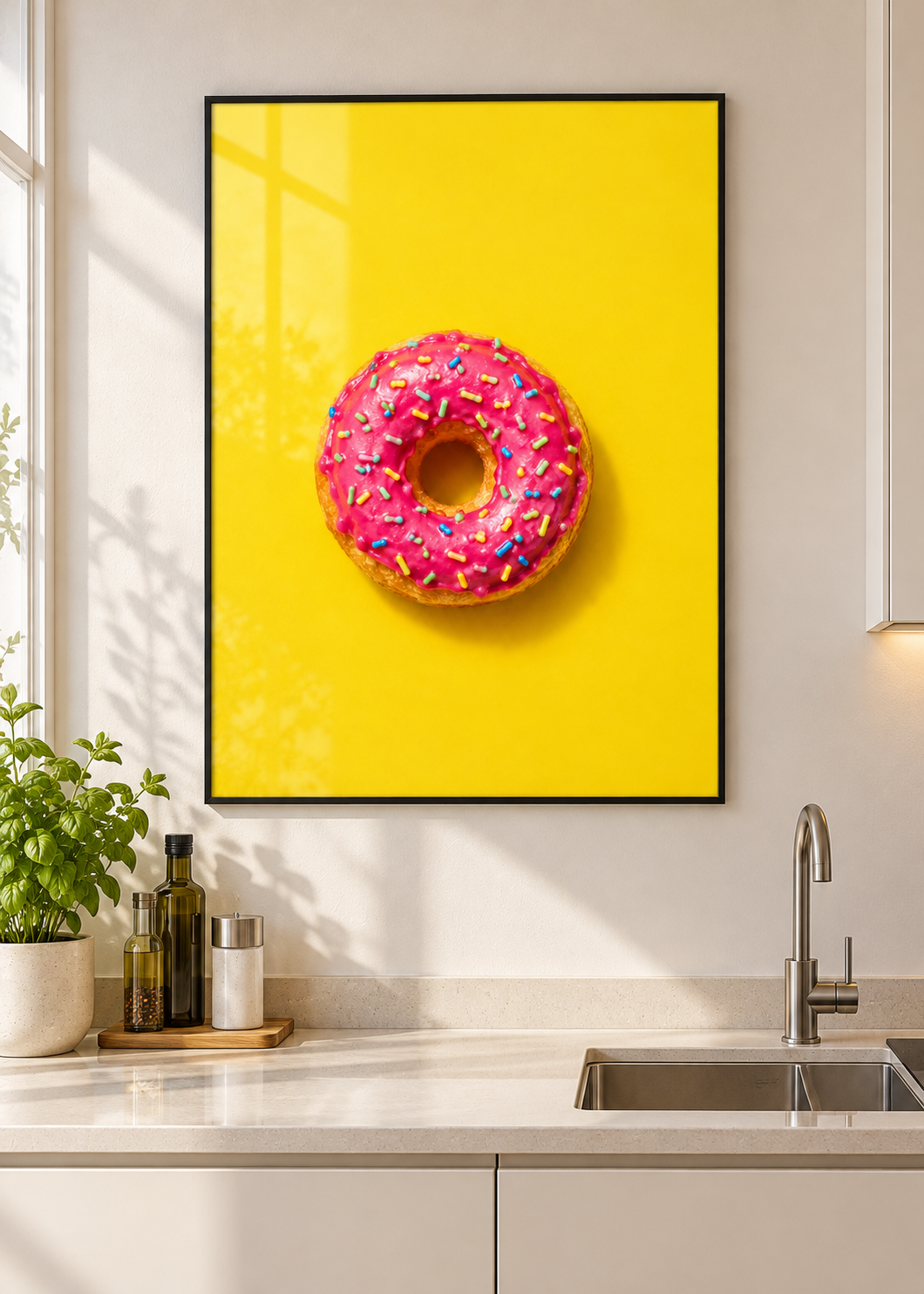 Himbeer-Donut – Poster mit dünnem schwarzem Rahmen und Glas in moderner Küche