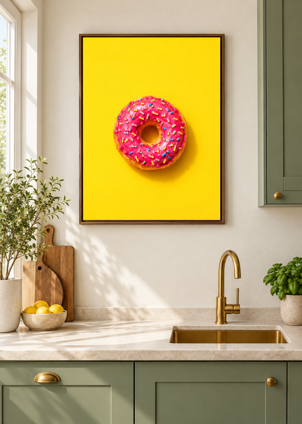 Himbeer-Donut – matte Leinwand mit braunem Schattenfugenrahmen ohne Glas in moderner Küche