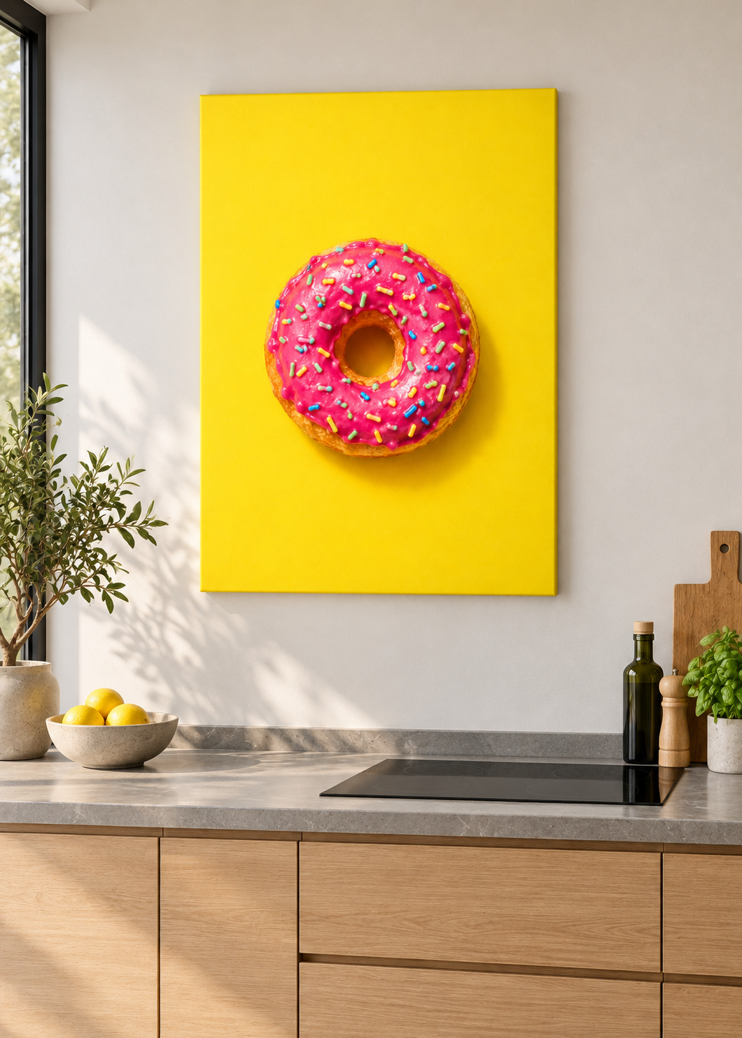 Himbeer-Donut – matte rahmenlose Slim-Leinwand ohne Glas in moderner Küche