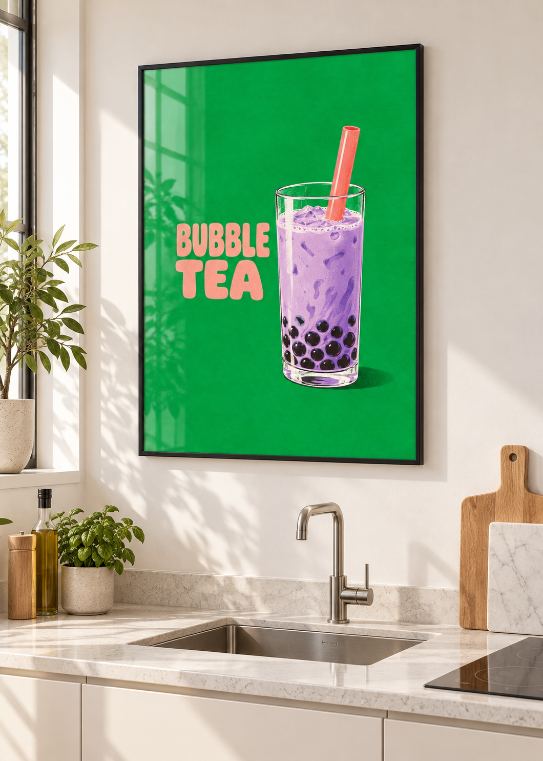Bubble Tea – Poster mit dünnem schwarzem Rahmen und Glas in moderner Küche