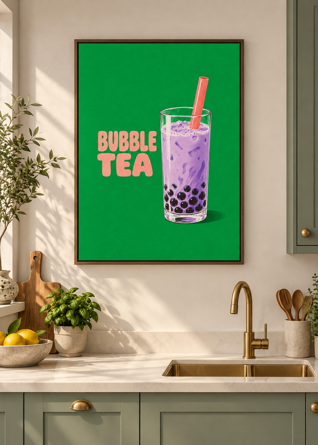 Bubble Tea – matte Leinwand mit braunem Schattenfugenrahmen ohne Glas in moderner Küche