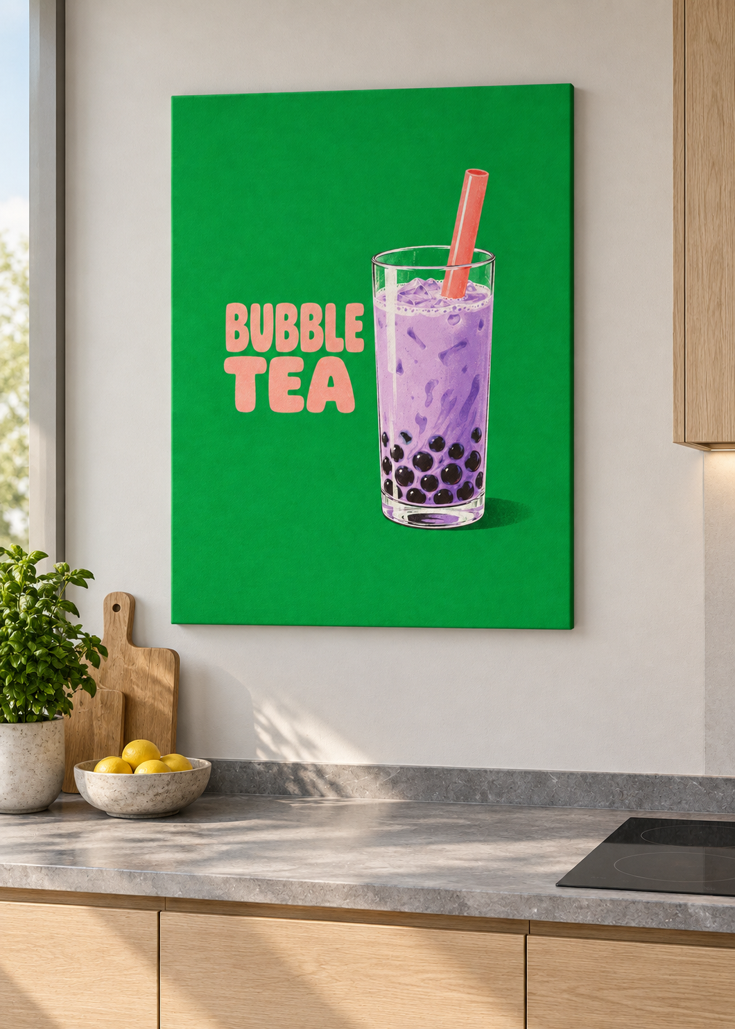 Bubble Tea – matte rahmenlose Slim-Leinwand ohne Glas in moderner Küche