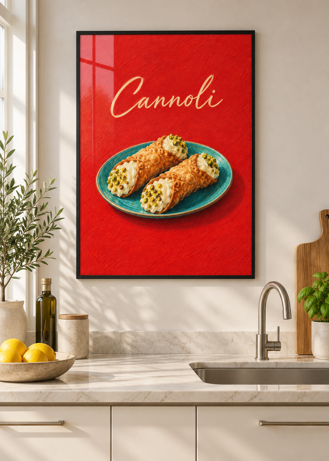 Cannoli – Poster mit dünnem schwarzem Rahmen und Glas in moderner Küche