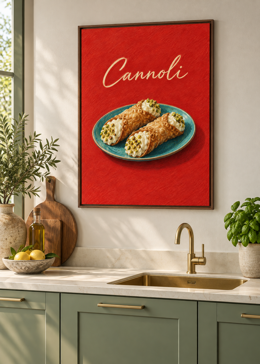 Cannoli – matte Leinwand mit braunem Schattenfugenrahmen ohne Glas in moderner Küche