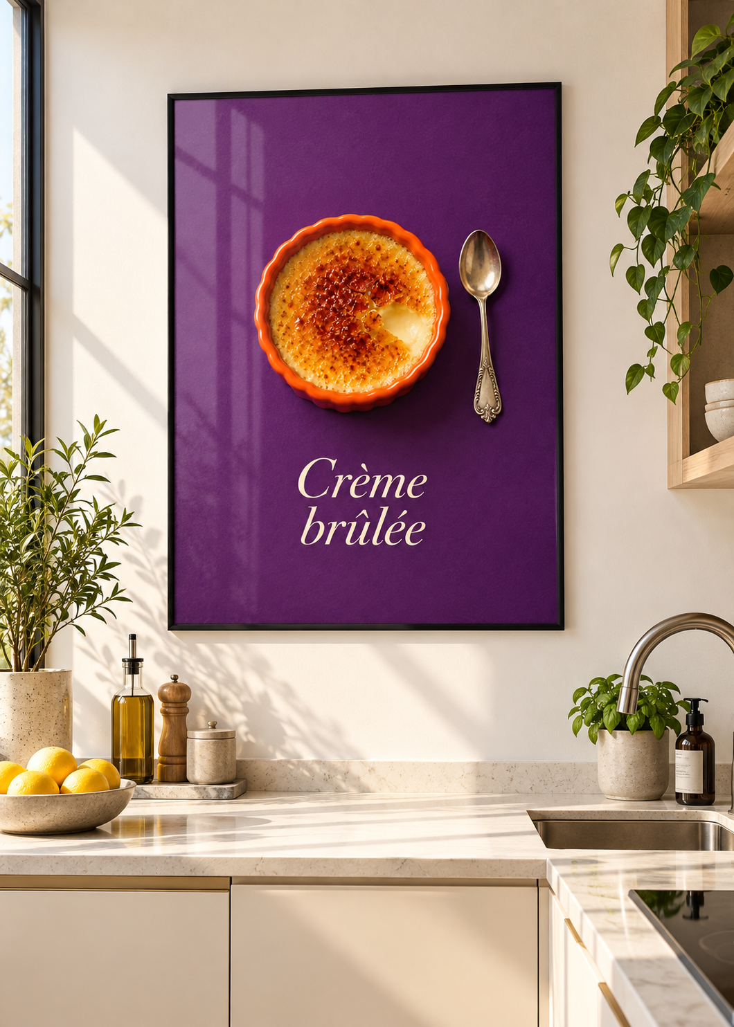 Crème brûlée – Poster mit dünnem schwarzem Rahmen und Glas in moderner Küche