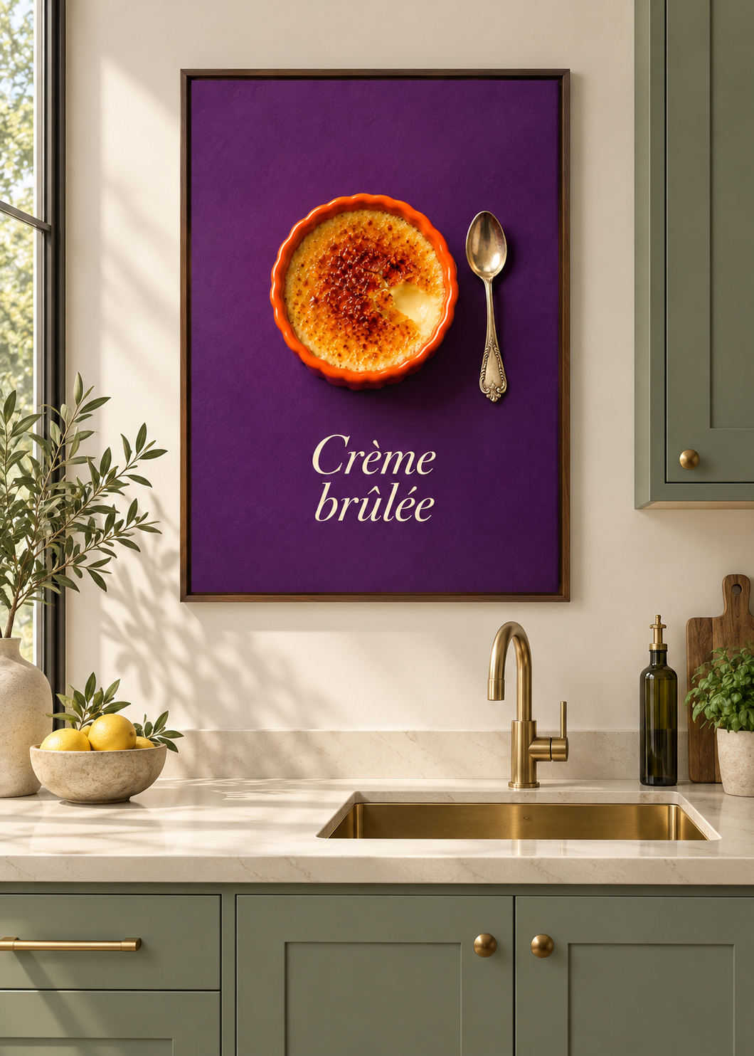 Crème brûlée – matte Leinwand mit braunem Schattenfugenrahmen ohne Glas in moderner Küche