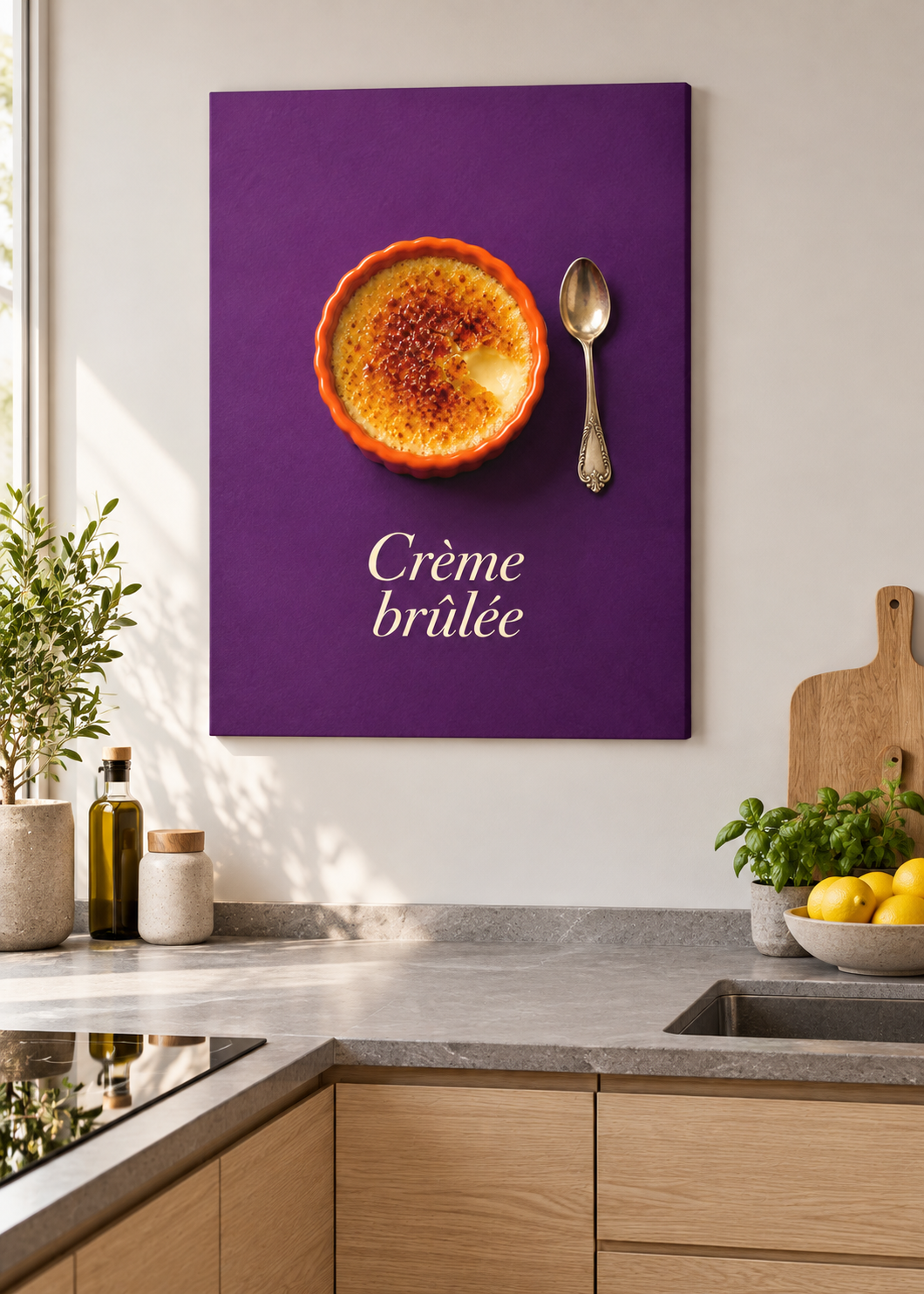 Crème brûlée – matte rahmenlose Slim-Leinwand ohne Glas in moderner Küche