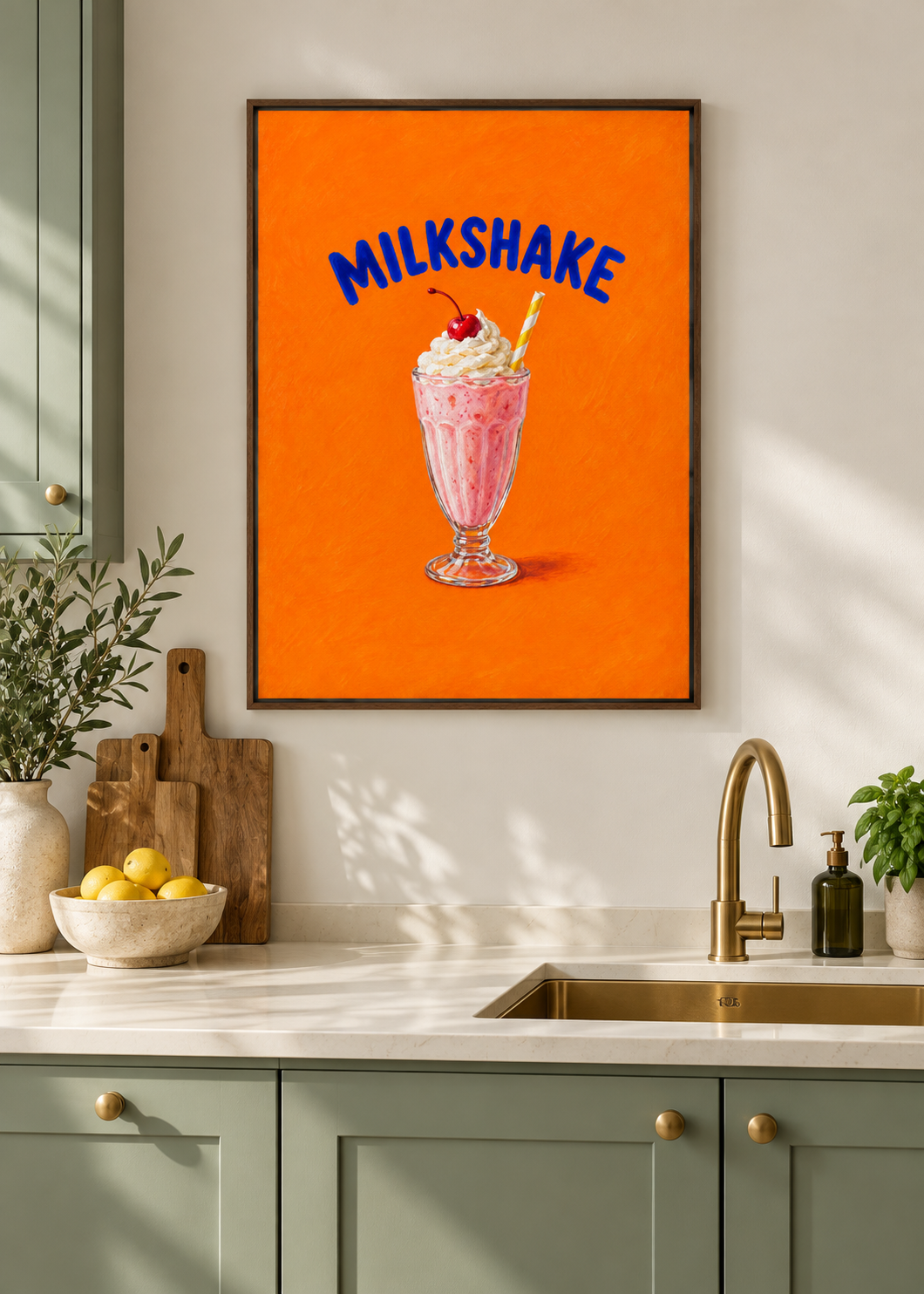 Milkshake – matte Leinwand mit braunem Schattenfugenrahmen ohne Glas in moderner Küche