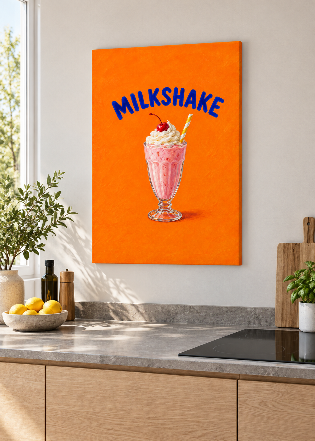 Milkshake – matte rahmenlose Slim-Leinwand ohne Glas in moderner Küche
