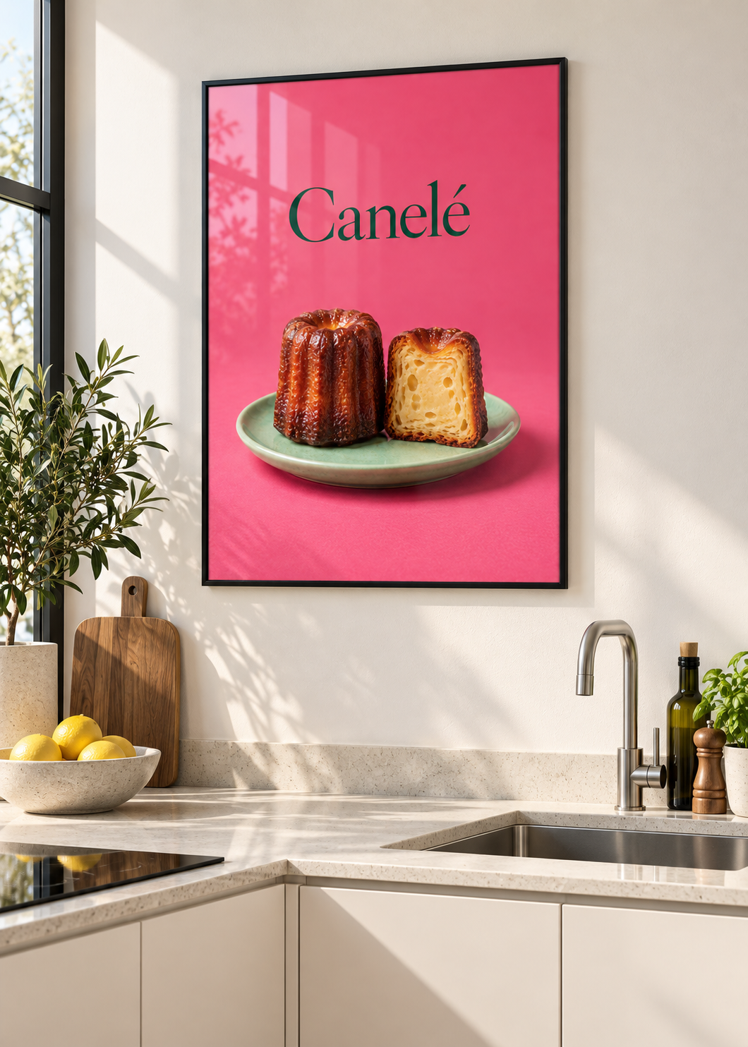 Canelé – Poster mit dünnem schwarzem Rahmen und Glas in moderner Küche