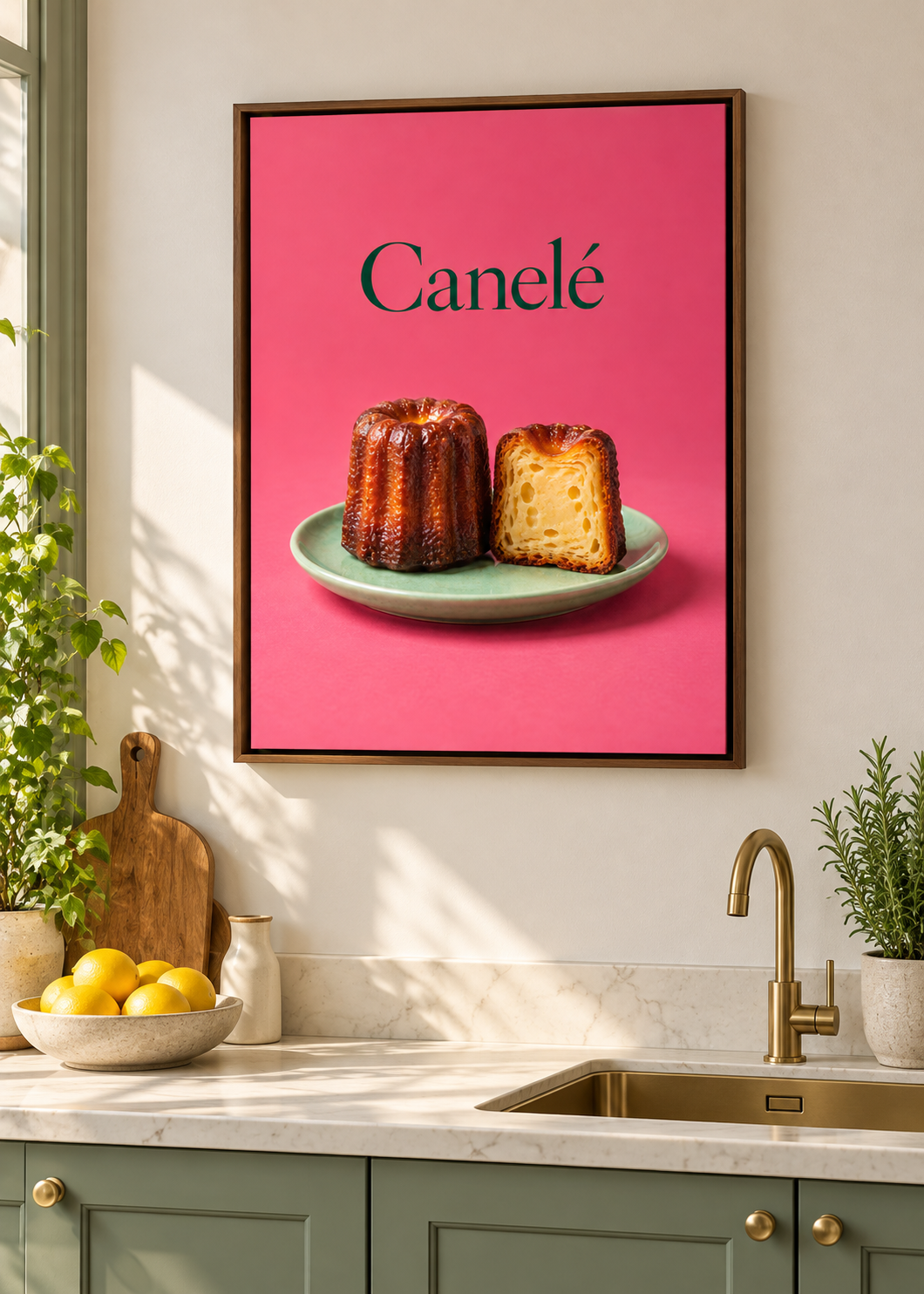 Canelé – matte Leinwand mit braunem Schattenfugenrahmen ohne Glas in moderner Küche
