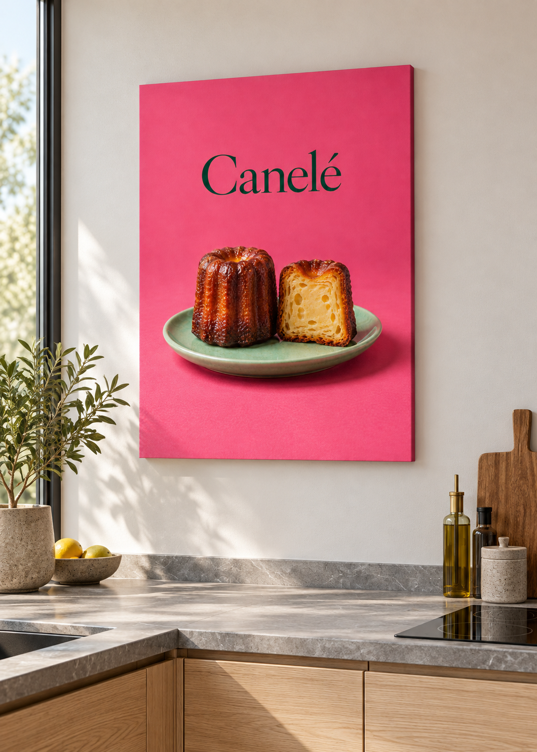 Canelé – matte rahmenlose Slim-Leinwand ohne Glas in moderner Küche