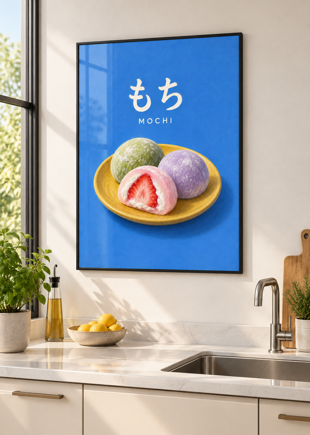 Mochi – Poster mit dünnem schwarzem Rahmen und Glas in moderner Küche