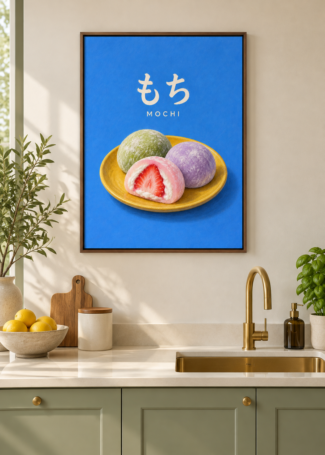 Mochi – matte Leinwand mit braunem Schattenfugenrahmen ohne Glas in moderner Küche